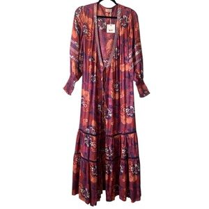 Nekane Boho Maxi Kimono Duster Tie Front Embroidered Sequins Size Small NWT